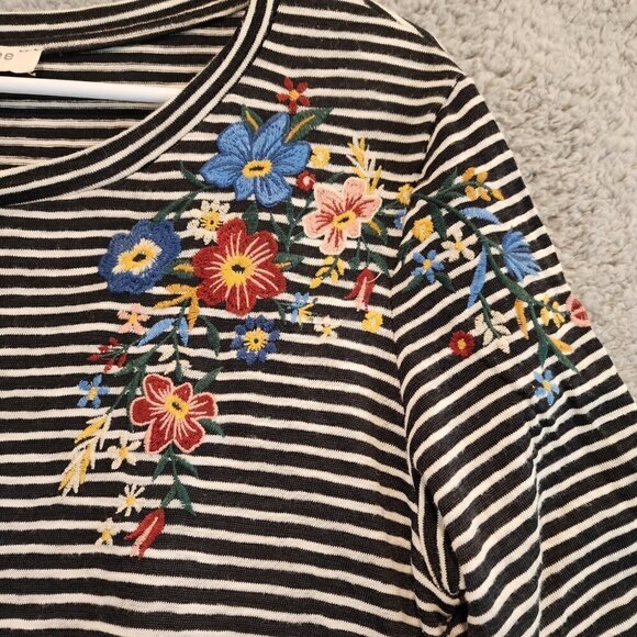 Umgee Mini Dress Tunic Black White Stripe Embroidered Flowers Sz S Boho - Picture 2 of 7